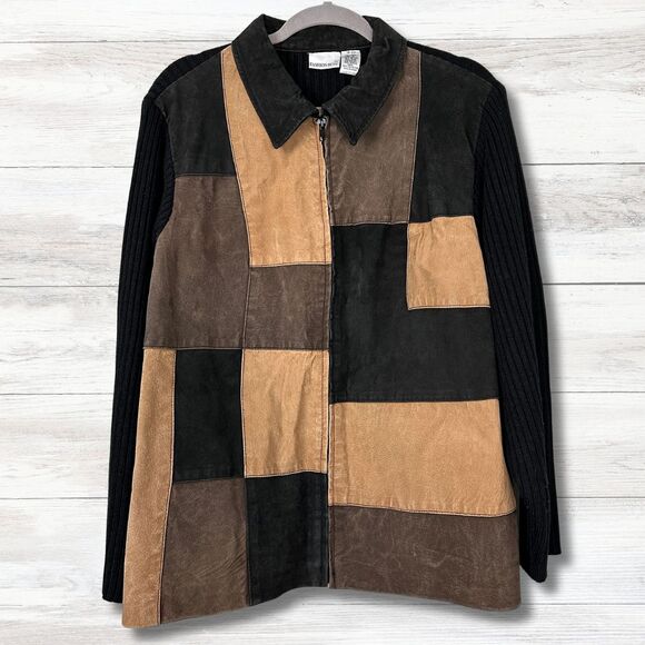 Fashion Bug Jackets & Blazers - Vtg Fashion Bug Leather Patchwork Sweater Jacket Women 18/20 Neutral Grunge Y2K